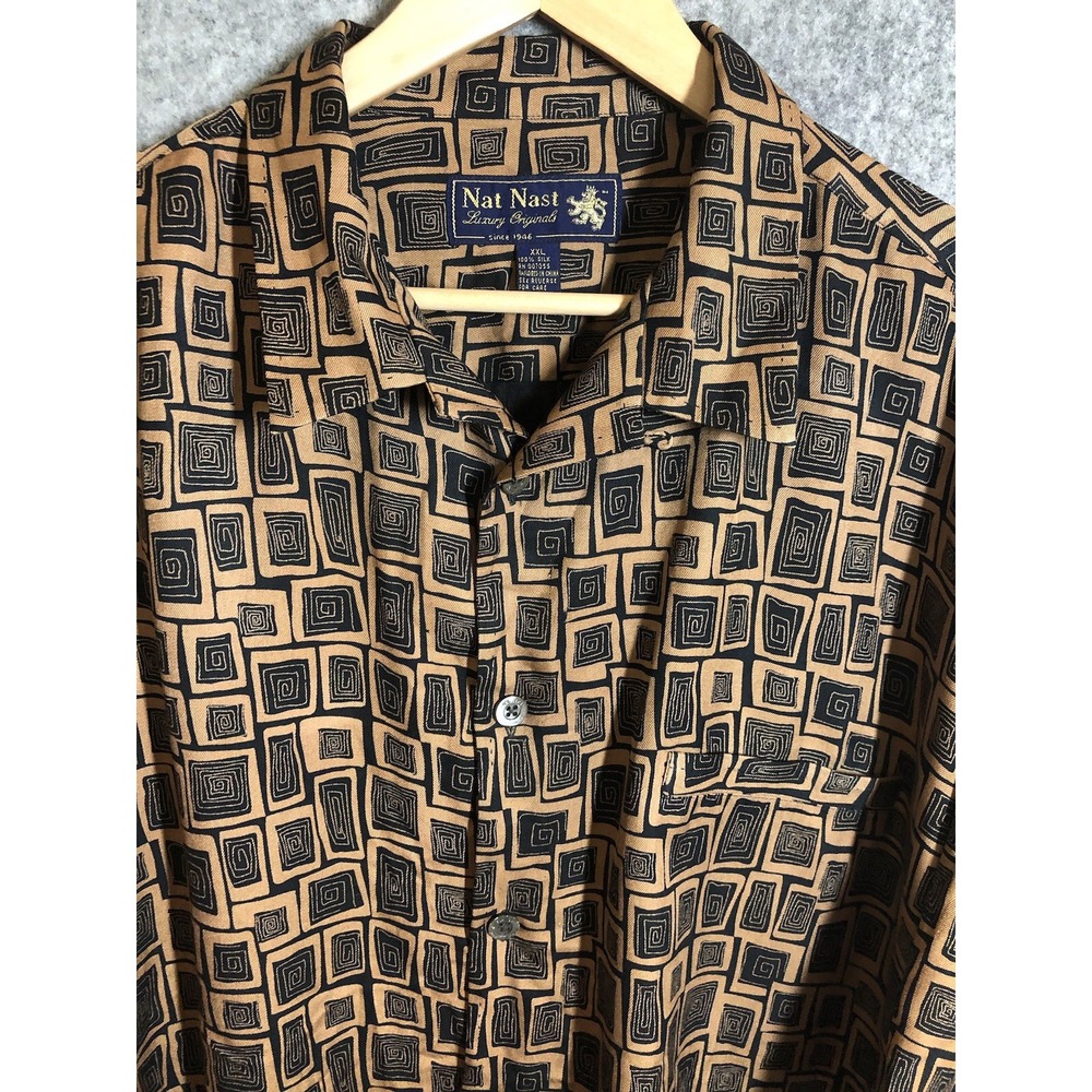 Nat Nast Shirt 2XL Black 100% Silk Hawaiian Tropical Tiki Casual Beach